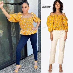 Tanya Taylor Floral Puff Sleeve‎ Smocked Blouse Yellow 2X